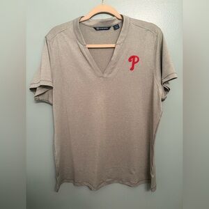 Gray V‑Neck Tee with Red Phillies “P”. Size XL